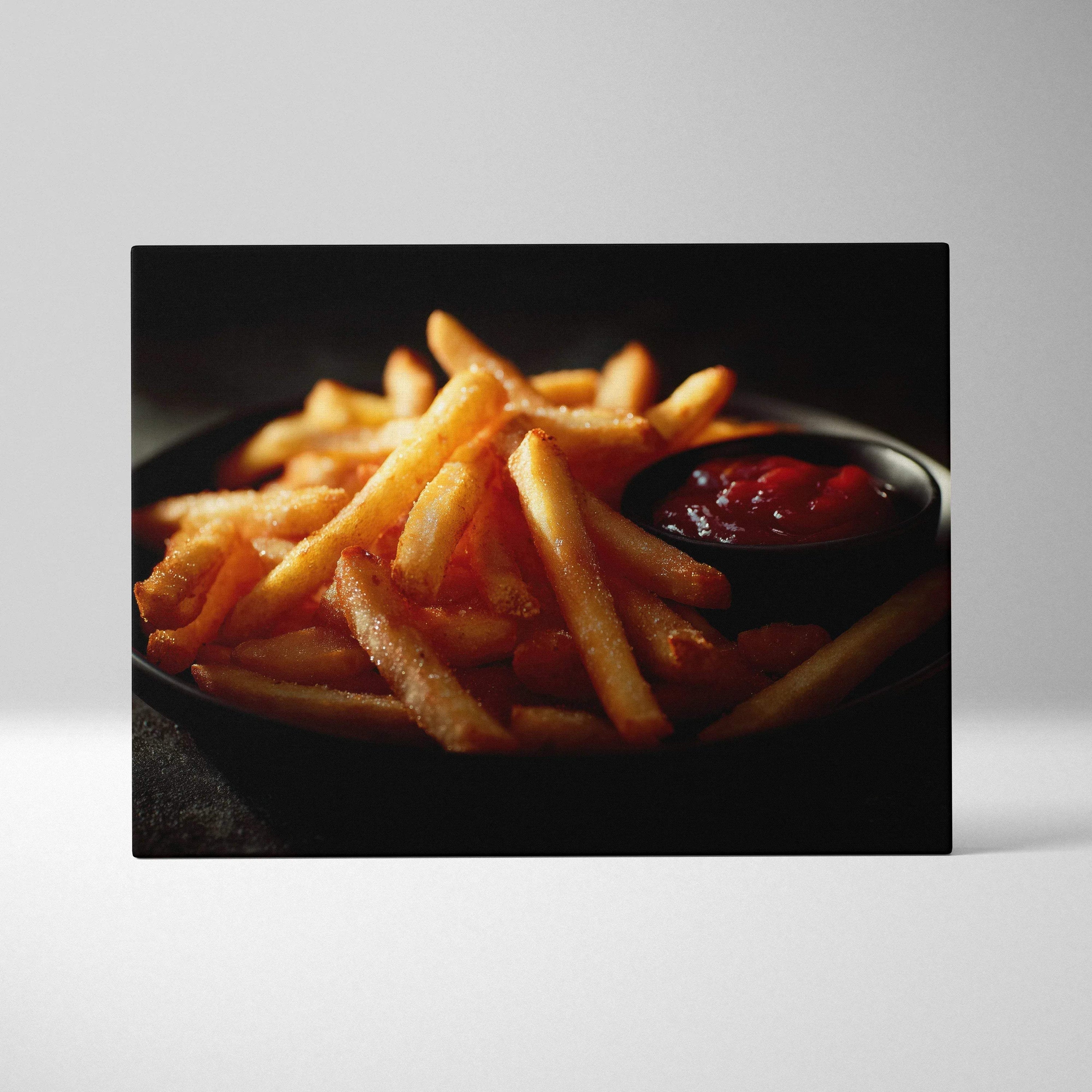 Canvas wall art featuring close-up of golden French fries with ketchup in a black dish on dark background.