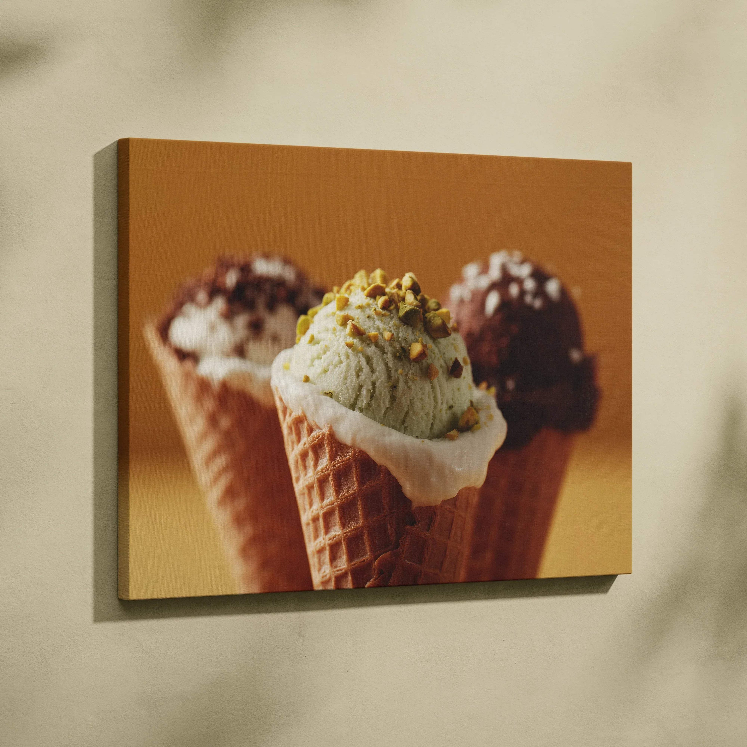 Canvas wall art featuring detailed ice cream cones with chocolate and vanilla scoops on warm background decor.