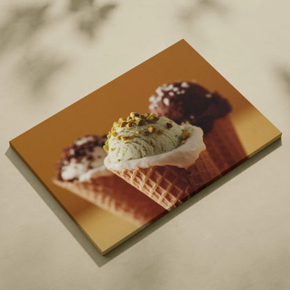 Canvas wall art featuring high-resolution close-up of three colorful ice cream cones with waffle texture and toppings, set.