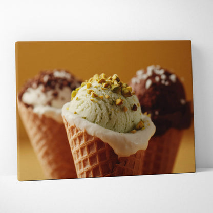 Canvas wall art featuring close-up of three ice cream cones with textured scoops and warm beige background.