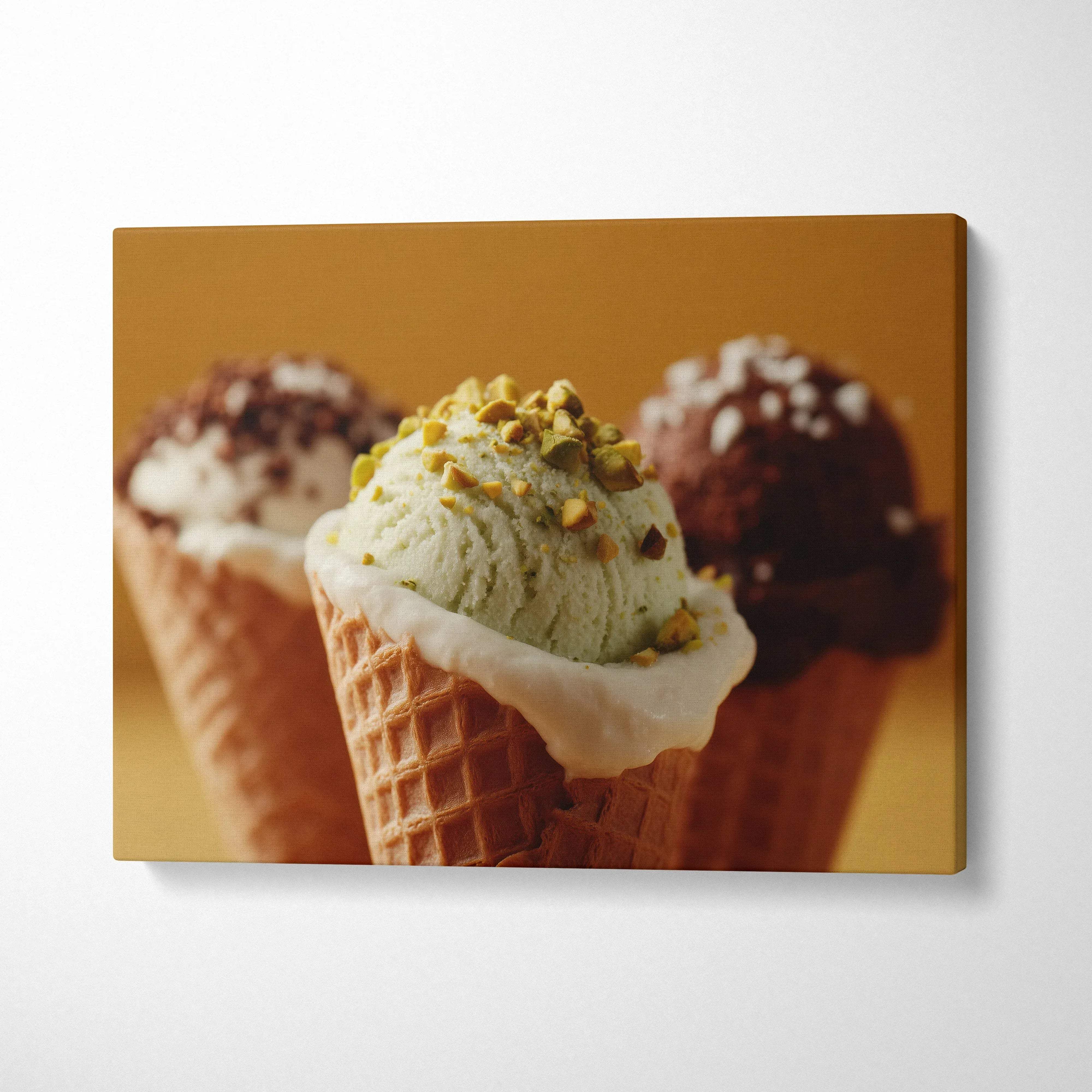 Ice cream inspired canvas wall art featuring three waffle cones with pistachio, chocolate, and vanilla scoops, decorative.