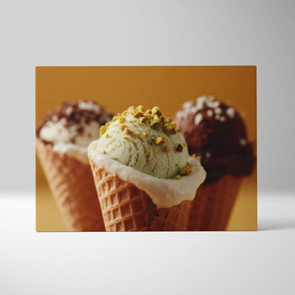 Canvas wall art featuring three colorful ice cream cones with textured scoops, topped with nuts and sprinkles, vibrant and.