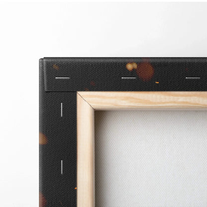 Close-up of black-stretched canvas corner with wooden frame and wall art staples visible.