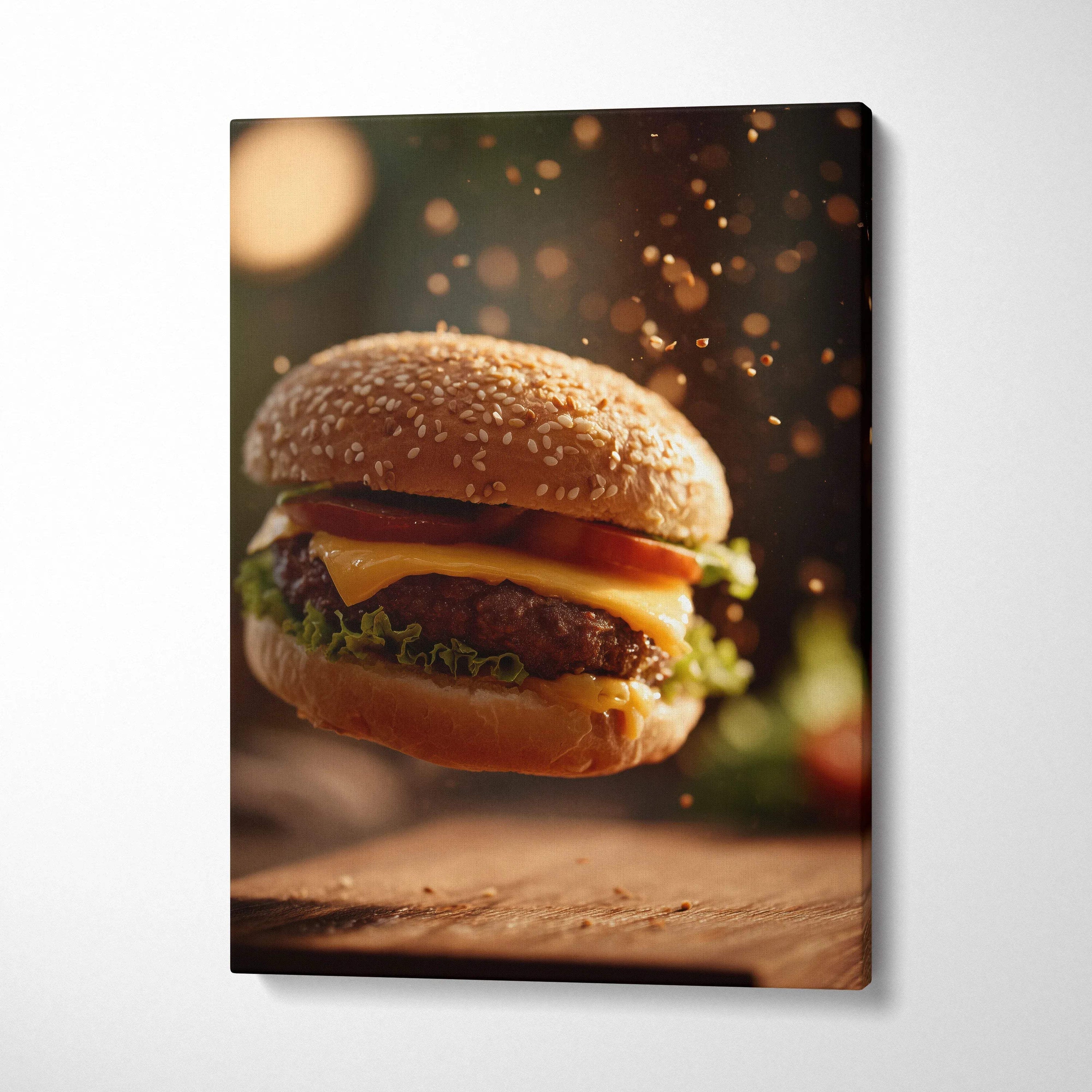 High-resolution hamburger close-up on canvas wall art with warm lighting, kitchen decor style.