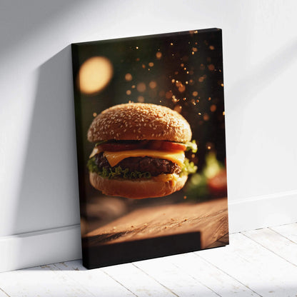 High-resolution hamburger canvas wall art with sesame bun and vibrant ingredients, perfect kitchen decor.