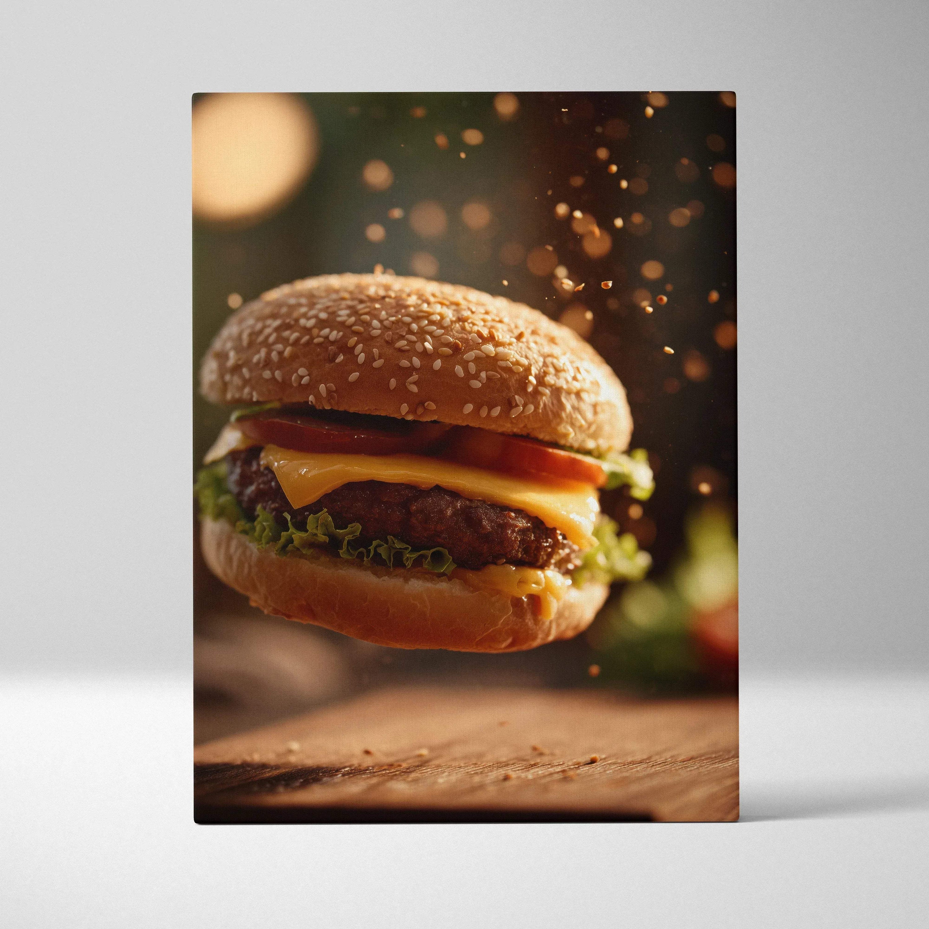 High-resolution hamburger canvas wall art with vibrant colors and detailed texture for kitchen decor.