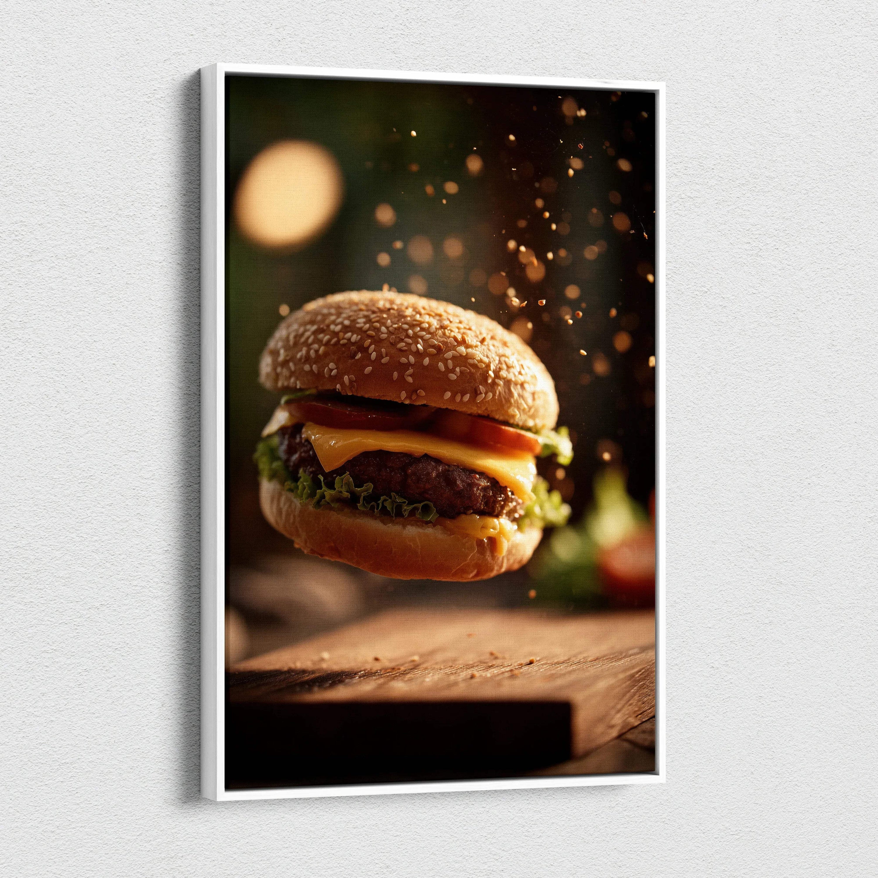 High-resolution hamburger canvas wall art with floating burger and dynamic seasoning splash decor.