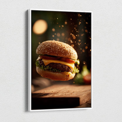 High-resolution hamburger canvas wall art with floating burger and dynamic seasoning splash decor.