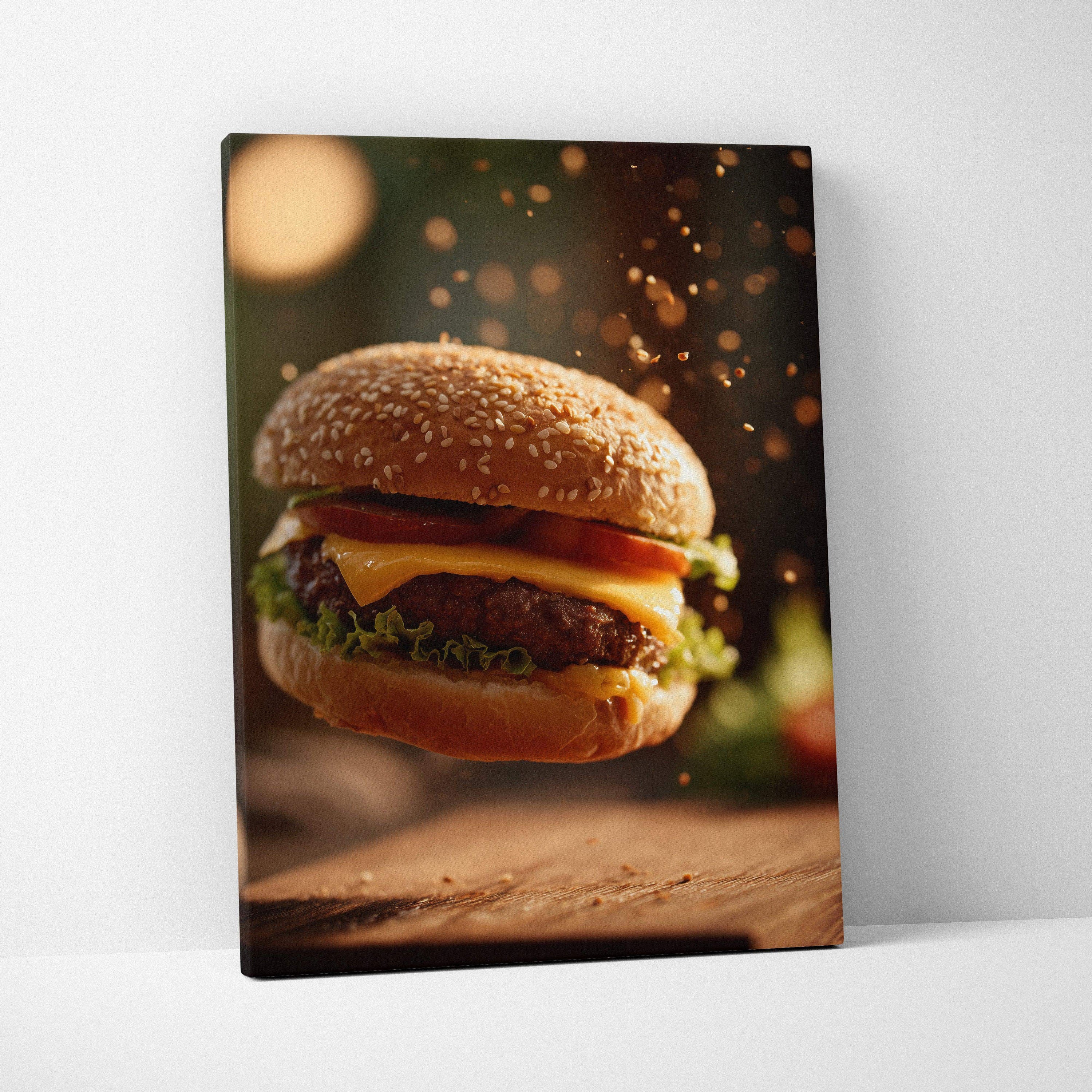 High-resolution hamburger canvas with sesame bun, lettuce, cheese, and tomato, vibrant wall art decor.