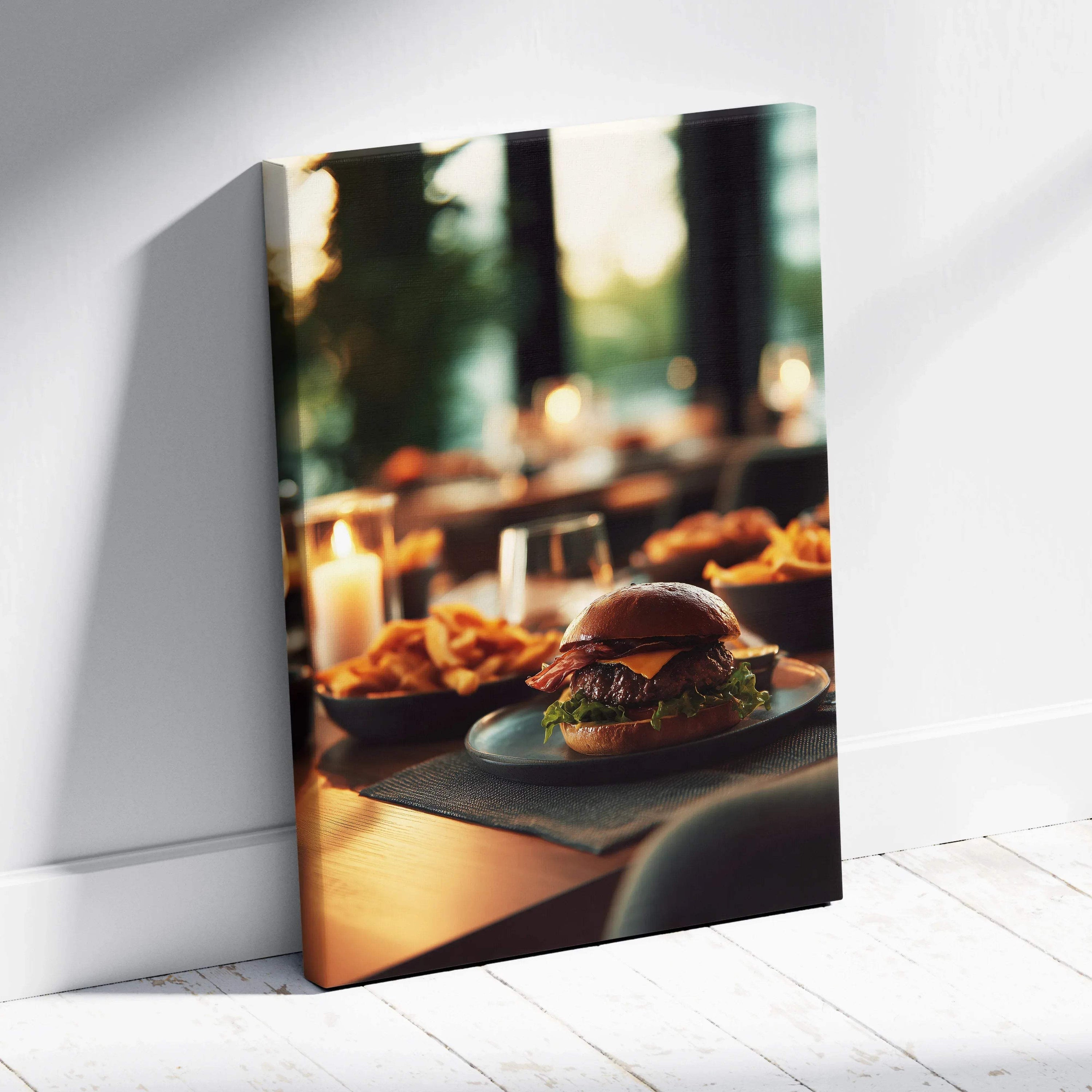 High-resolution canvas wall art featuring a gourmet hamburger with fries in warm restaurant lighting decor.
