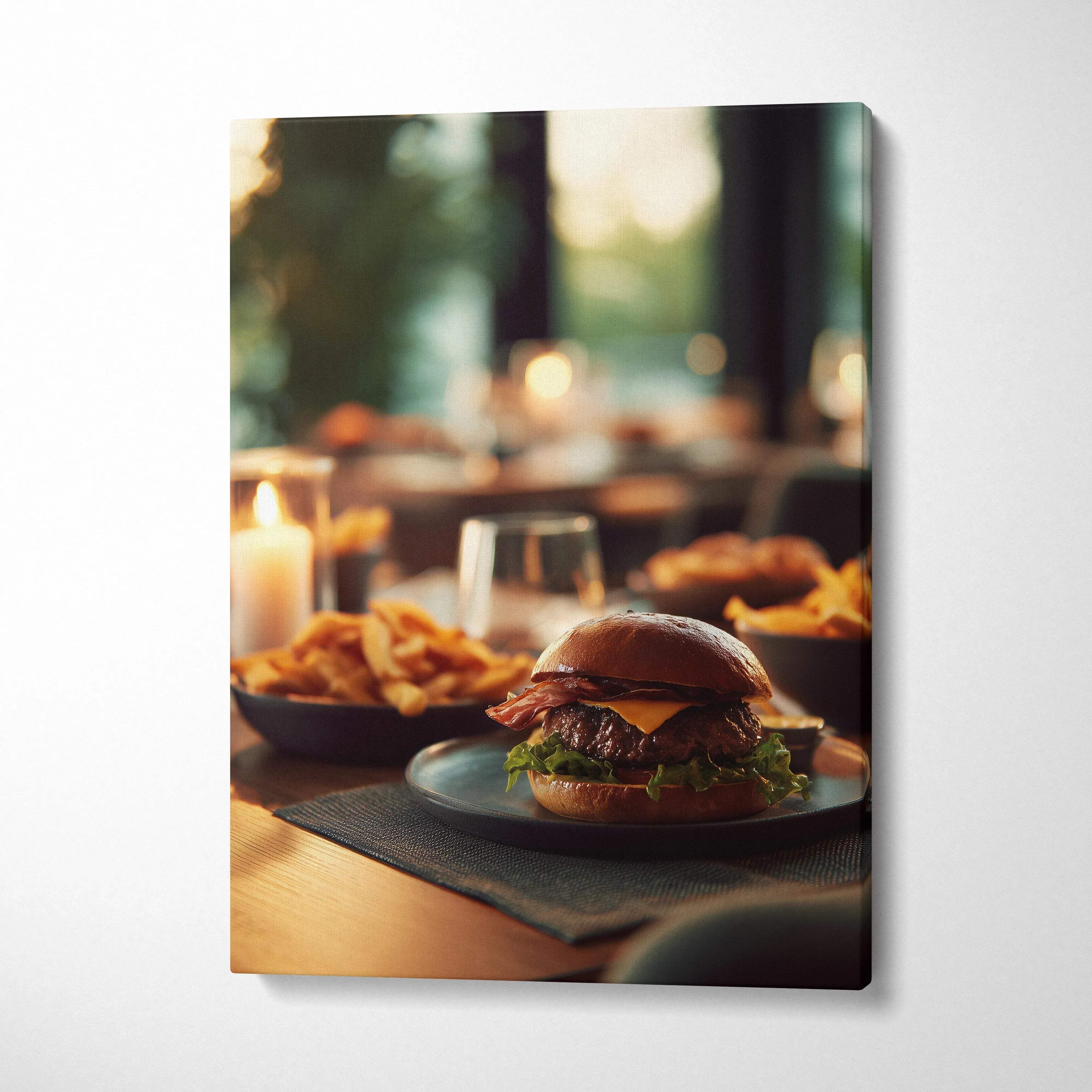 High-resolution hamburger canvas wall art print featuring a gourmet burger with fries in warm ambient decor.