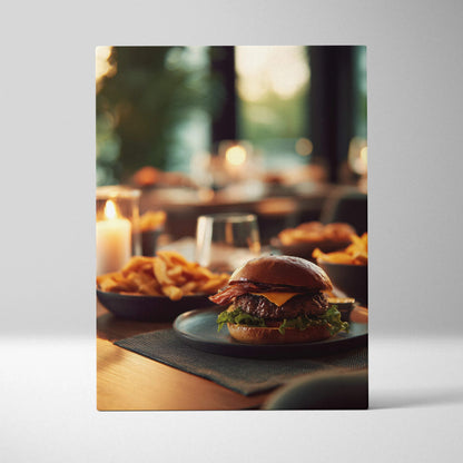 High-resolution canvas wall art of a classic hamburger with fries, warm lighting decor.