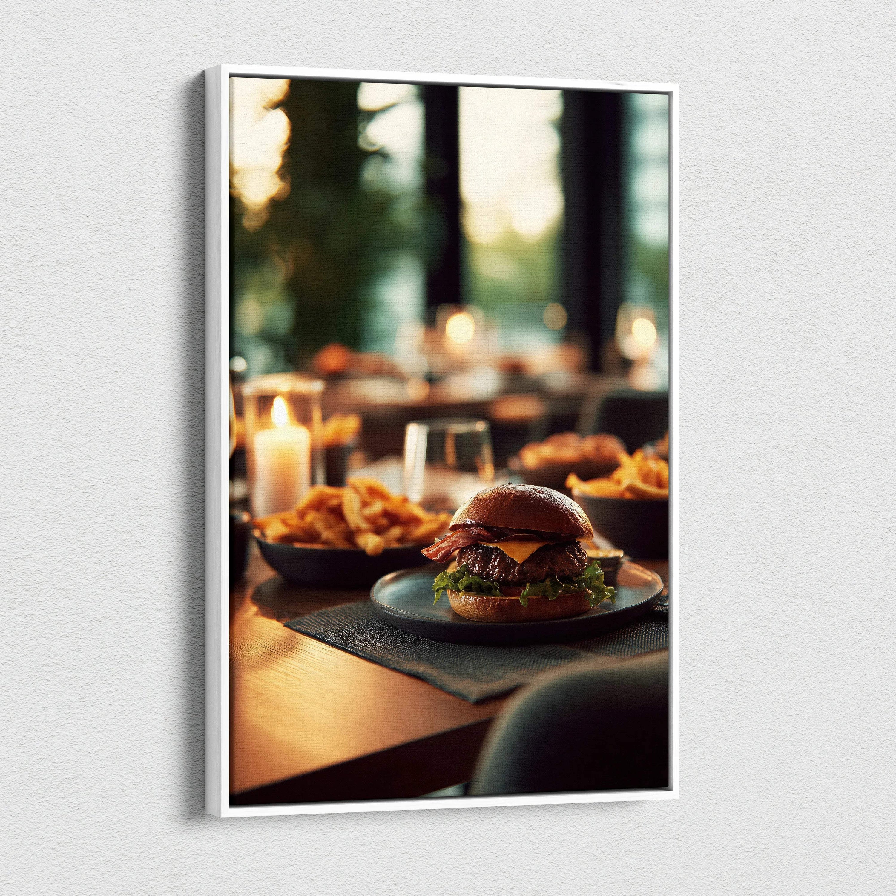 High-resolution canvas wall art print featuring a close-up of a gourmet hamburger and fries with warm, ambient lighting for.
