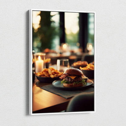 High-resolution canvas wall art print featuring a close-up of a gourmet hamburger and fries with warm, ambient lighting for.
