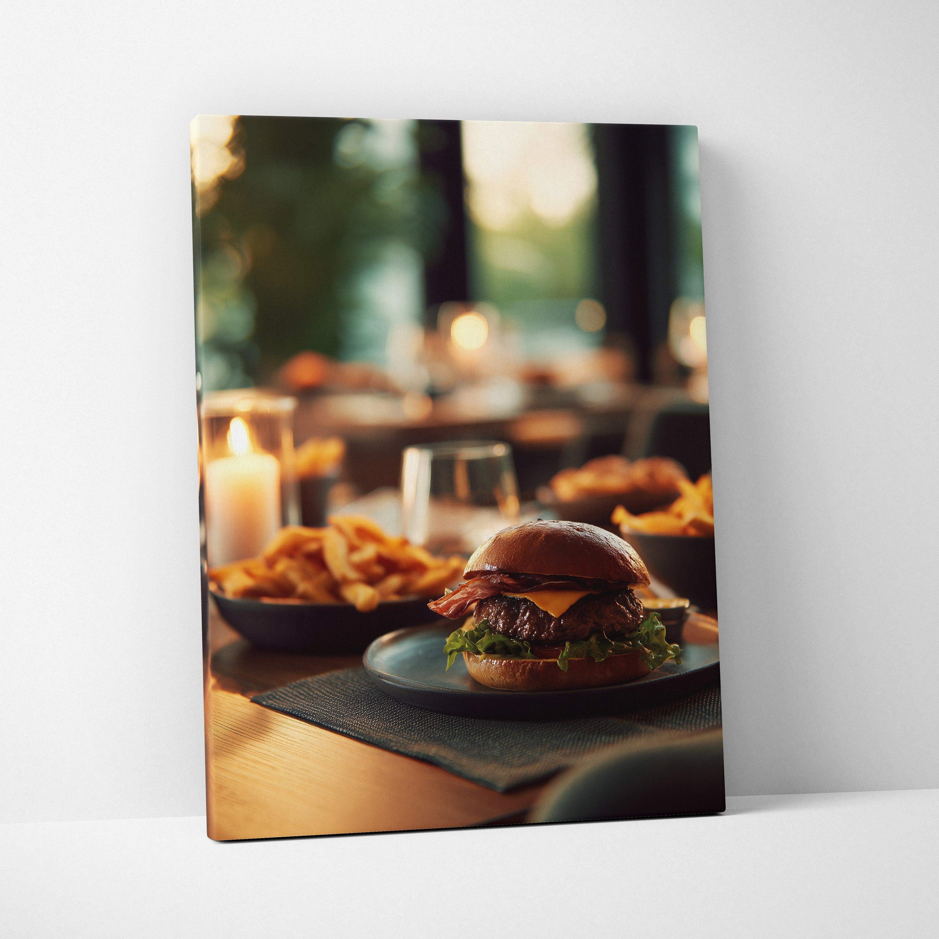 High-resolution canvas wall art featuring a close-up of a gourmet hamburger with fries, perfect home decor.