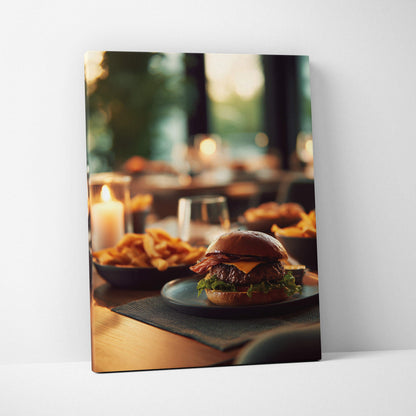 High-resolution canvas wall art featuring a close-up of a gourmet hamburger with fries, perfect home decor.