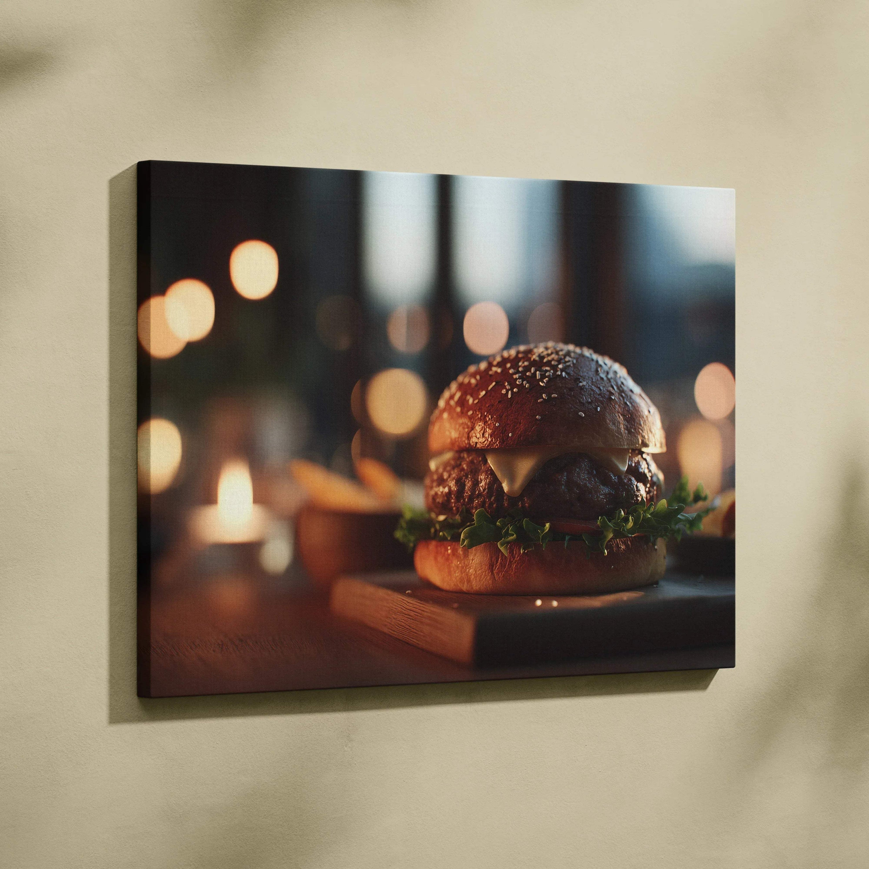 High-resolution canvas wall art featuring a close-up of a juicy hamburger with sesame seed bun and fresh lettuce against.