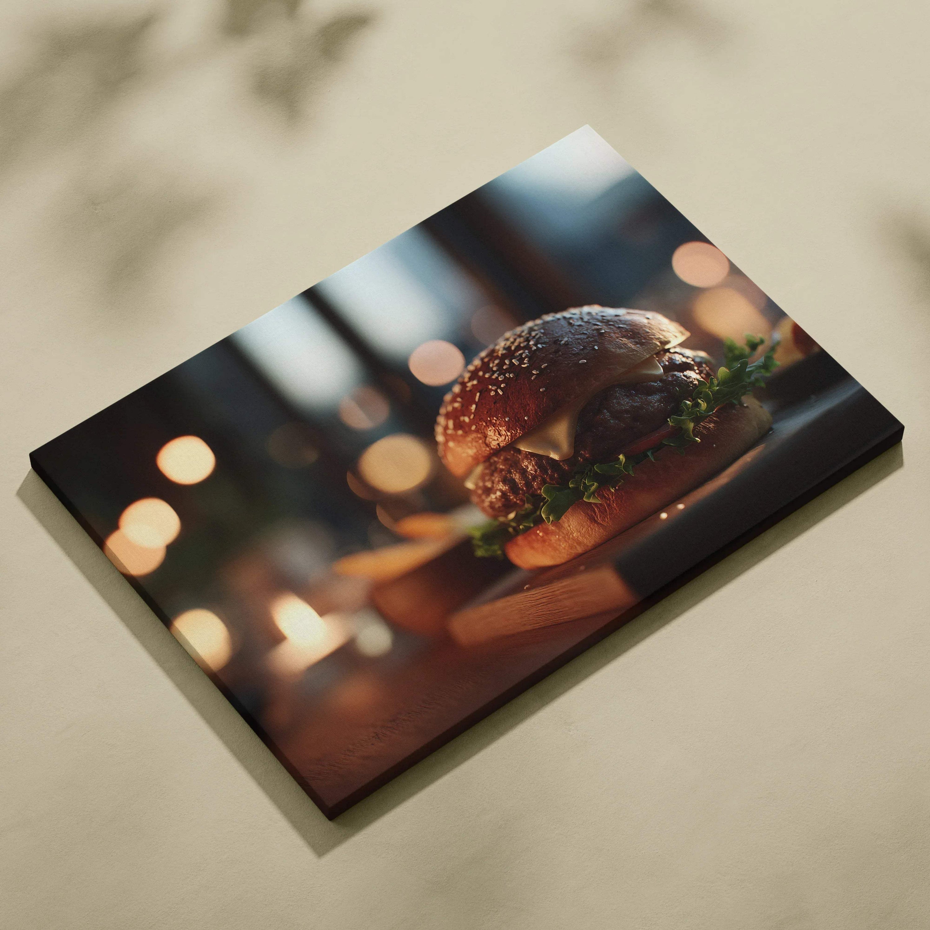 High-resolution canvas wall art featuring a detailed, vibrant hamburger with sesame seed bun and fresh greens on a dark.