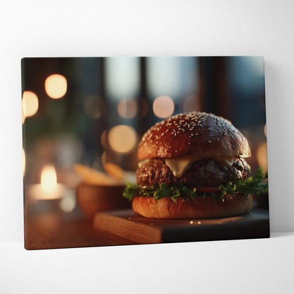 High-resolution canvas wall art of a juicy, sesame-seed hamburger with melted cheese and lettuce against soft bokeh lighting.