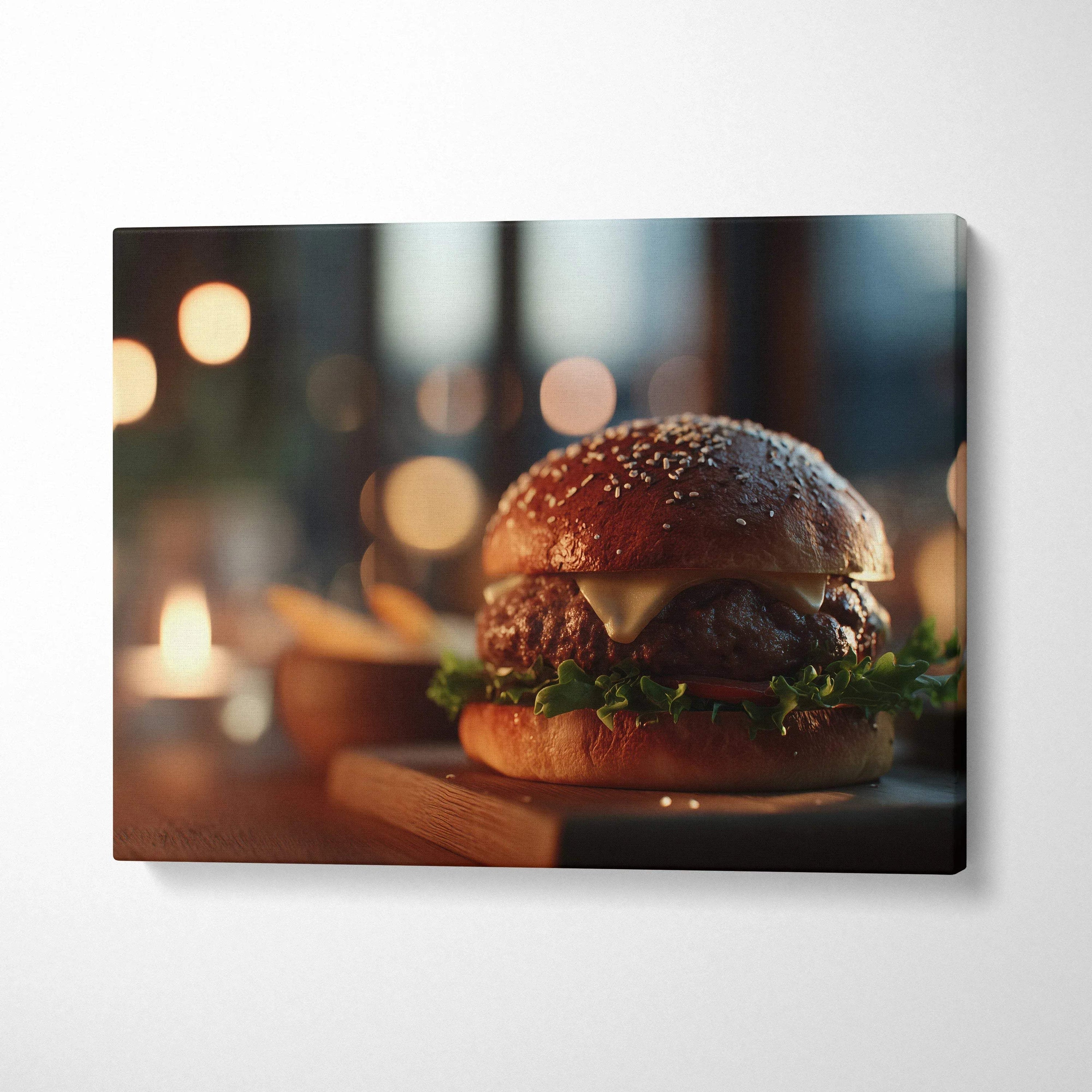 High-resolution hamburger canvas wall art with vibrant colors and rich detail, food decor for kitchen or dining area.