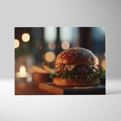 High-resolution canvas wall art featuring a juicy cheeseburger with lettuce and sesame seed bun against a blurred background.