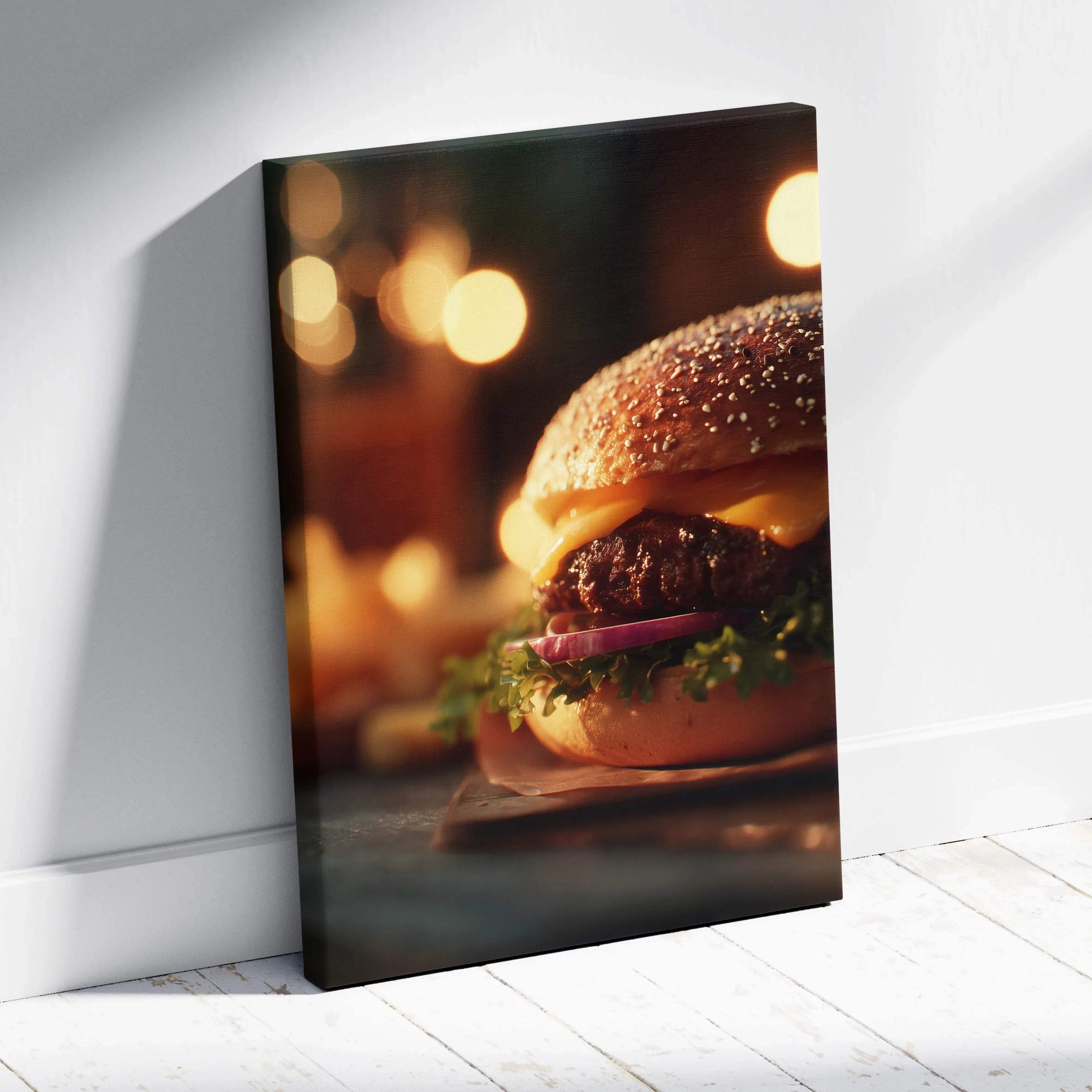 Canvas wall art featuring a juicy hamburger with sesame bun and fresh toppings, colorful decor piece.