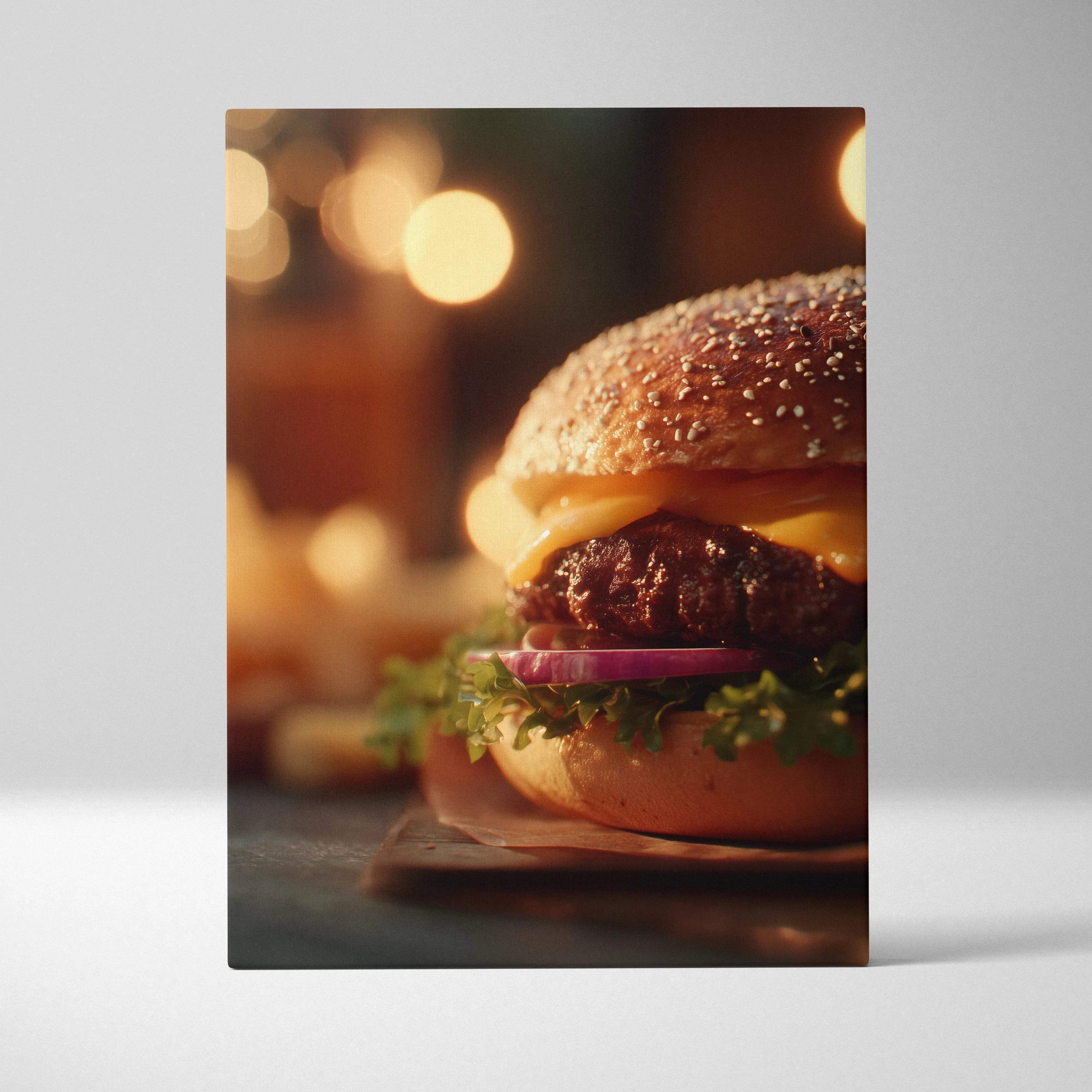 High-resolution canvas wall art featuring a juicy hamburger with sesame bun, cheddar cheese, lettuce, and red onions, ideal.