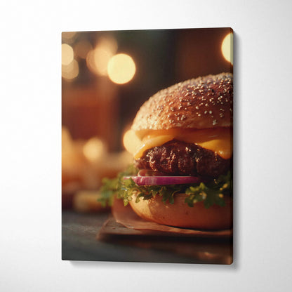 High-resolution hamburger canvas wall art featuring juicy layers, fresh toppings, and sesame bun decor.