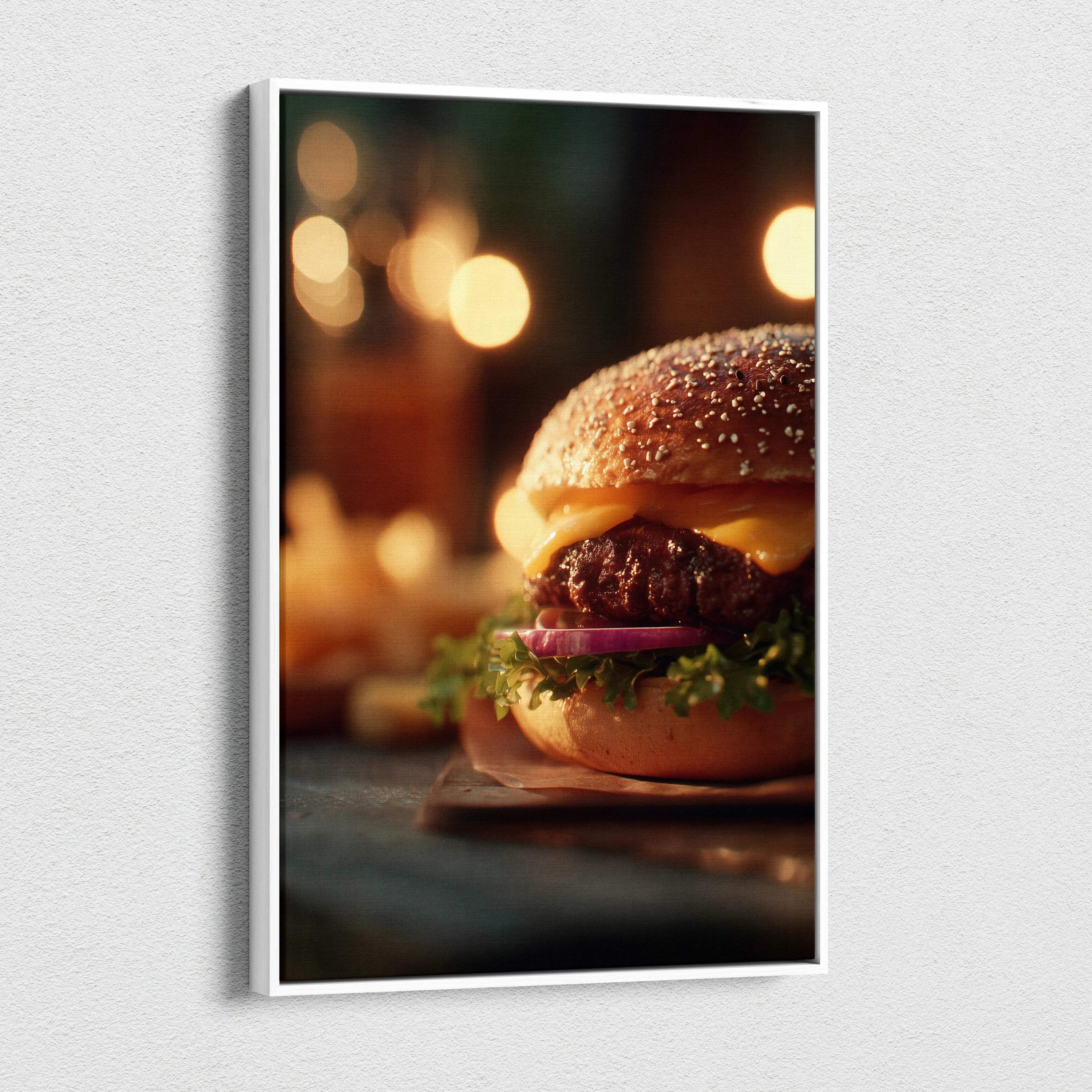 High-resolution hamburger canvas wall art with juicy layers and fresh toppings, vibrant food decor.