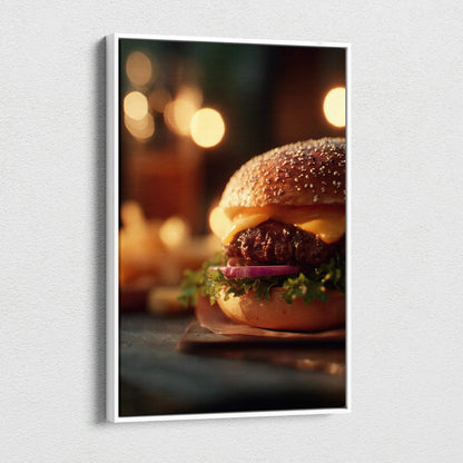 High-resolution hamburger canvas wall art with juicy layers and fresh toppings, vibrant food decor.