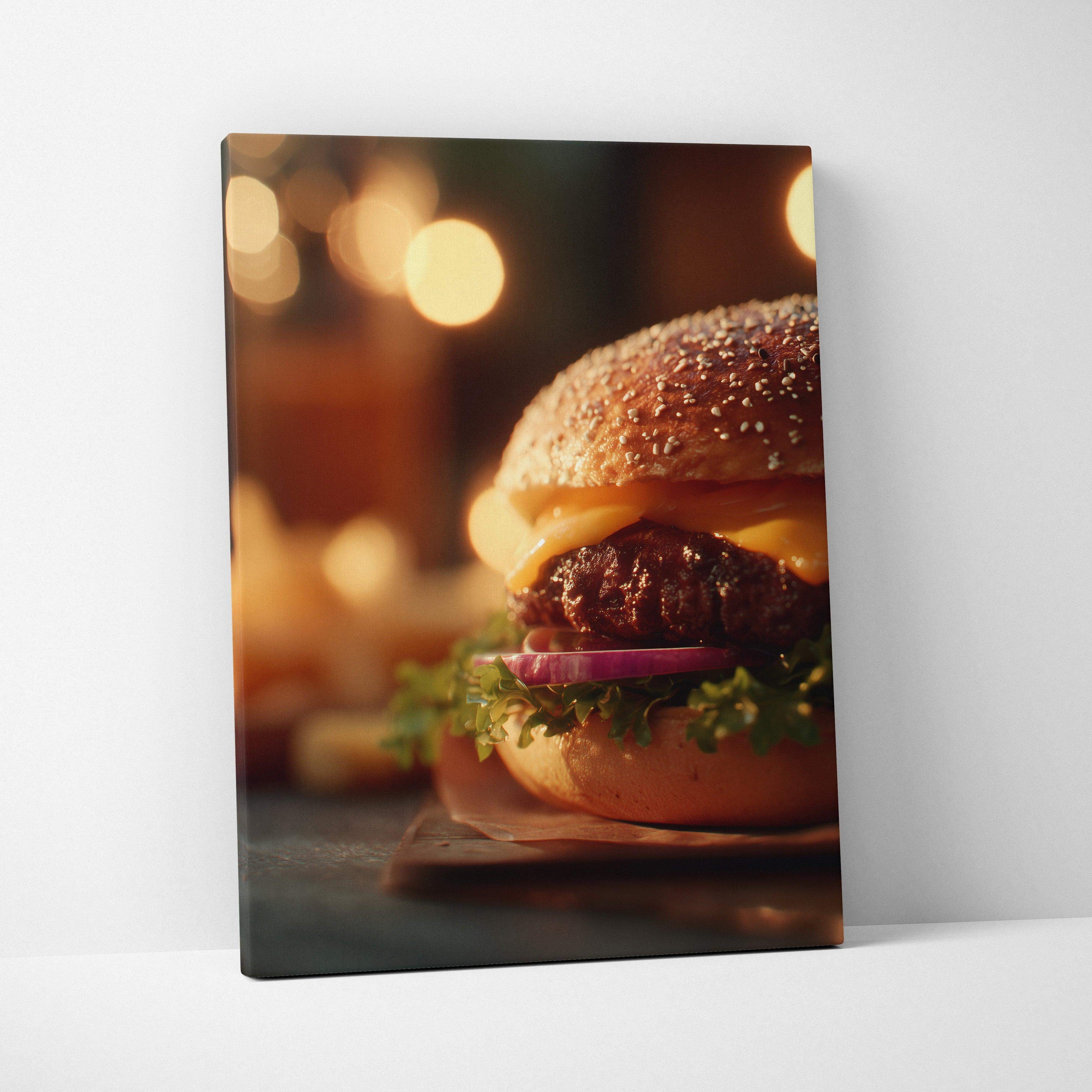 Canvas wall art featuring a close-up of a juicy hamburger with lettuce, red onion, and sesame seed bun decor.