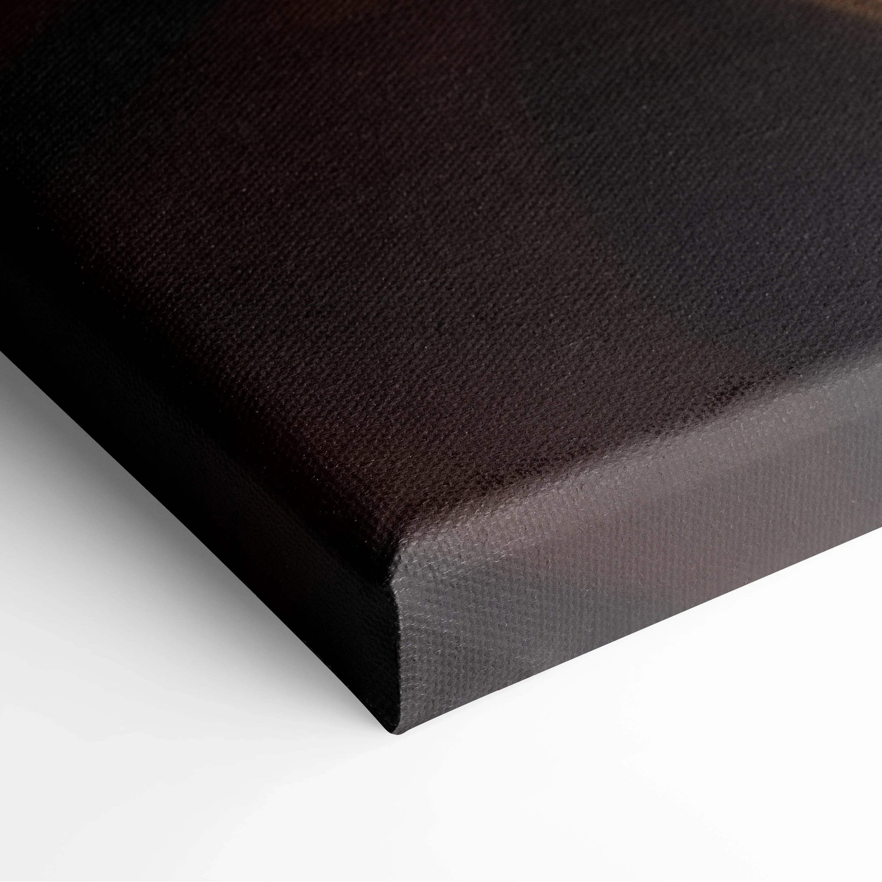 Close-up of black-edged canvas wall art with textured surface and vibrant dark tones.
