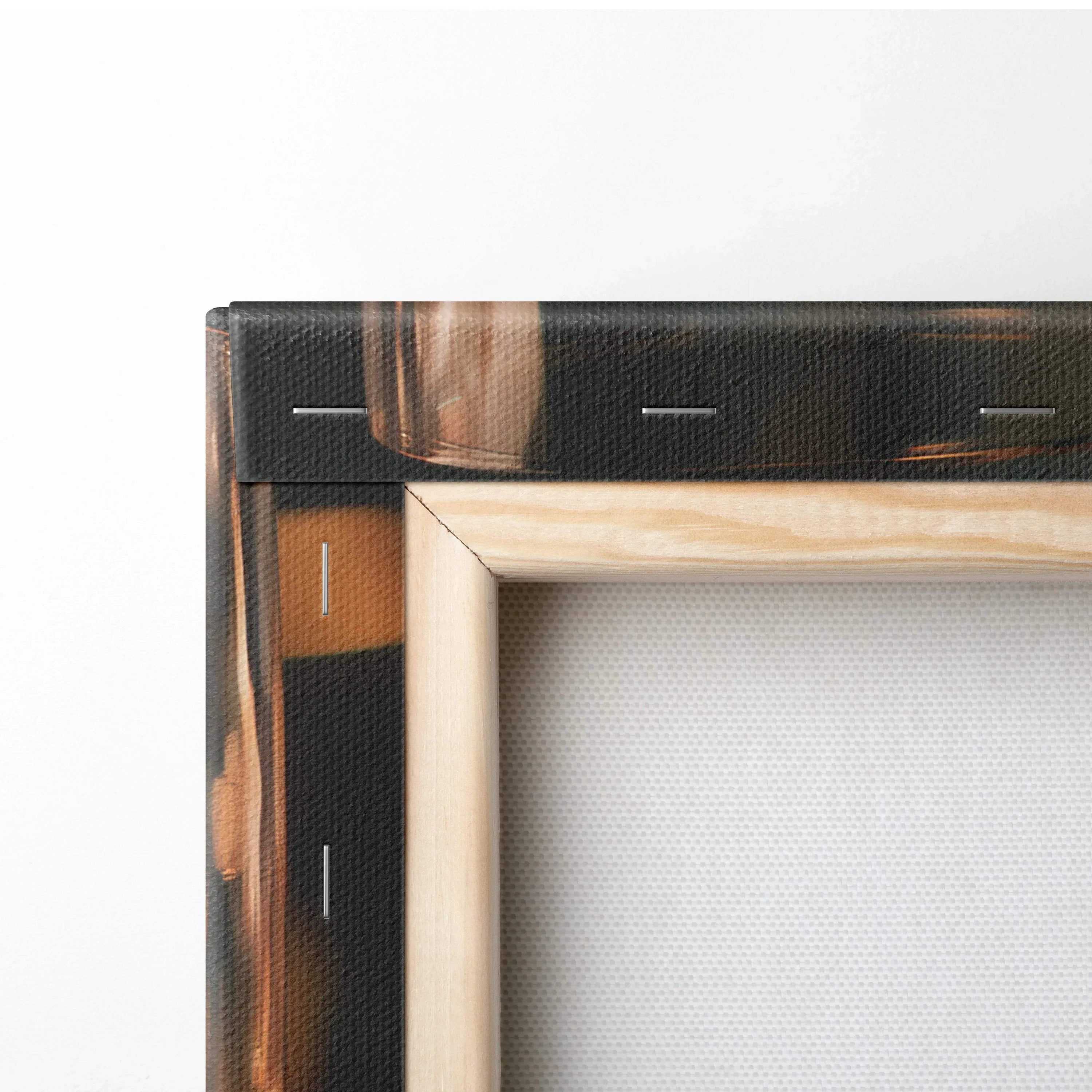 Close-up of wooden-framed canvas wall art with high-resolution print and visible staples on black edges.