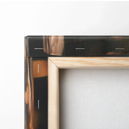 Close-up of wooden-framed canvas wall art with high-resolution print and visible staples on black edges.