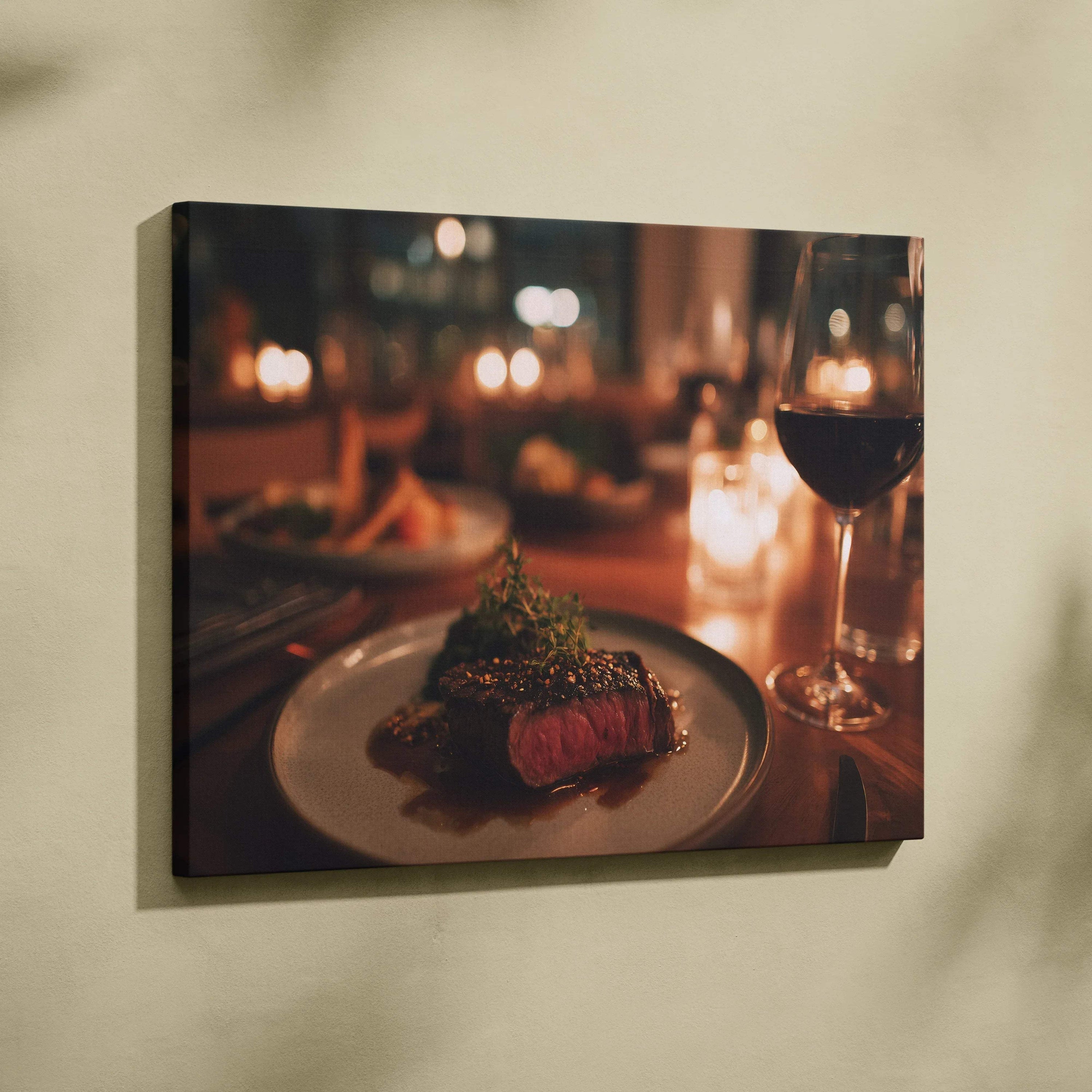 Canvas wall art featuring vibrant high-resolution juicy steak dinner scene with wine glass and warm decor lighting.