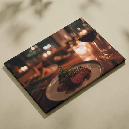 Canvas wall art featuring a juicy steak dinner with herbs on a white plate, warm ambient lighting, and a glass of red wine.