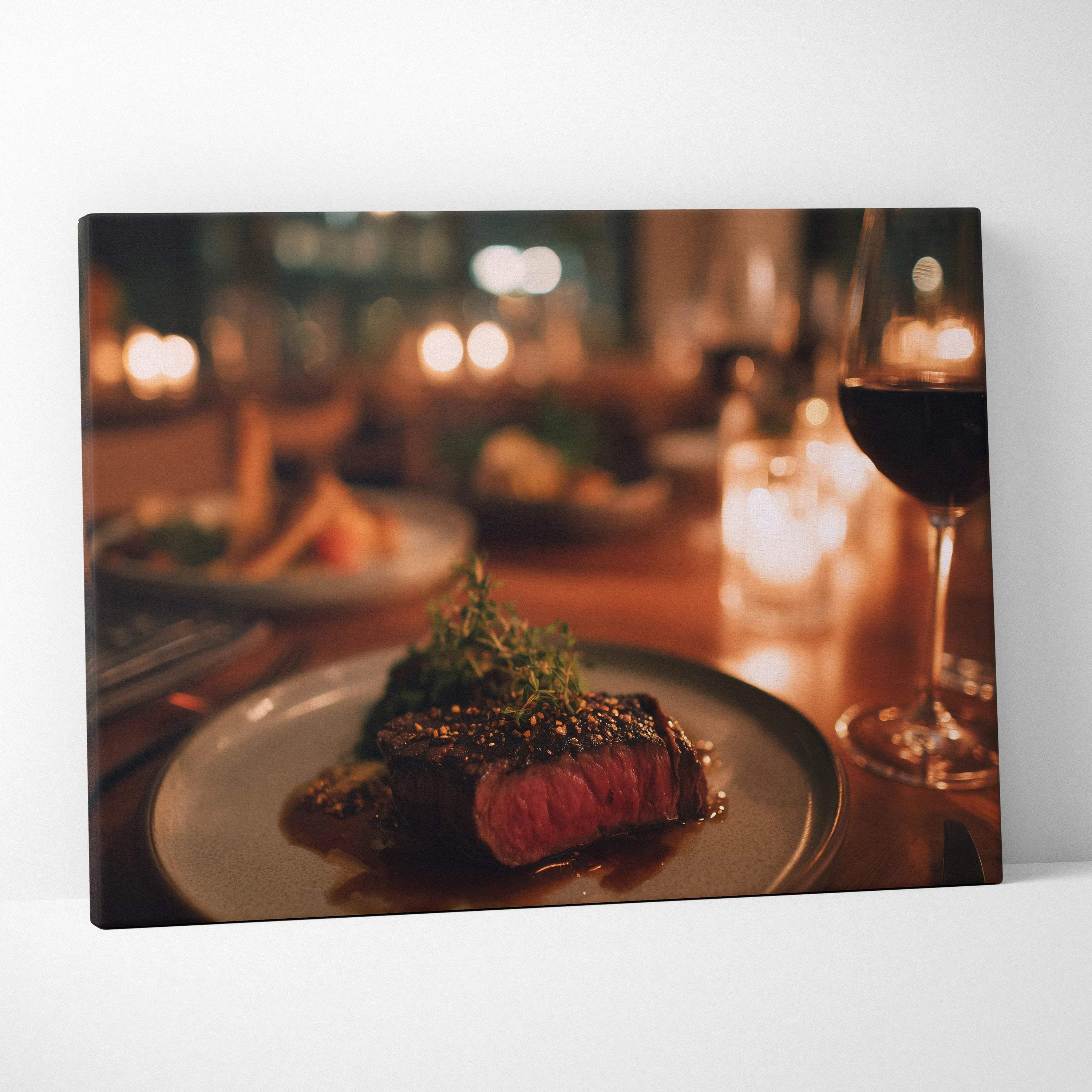 Canvas wall art featuring a juicy steak dinner scene with warm, rich colors and elegant dining ambiance.