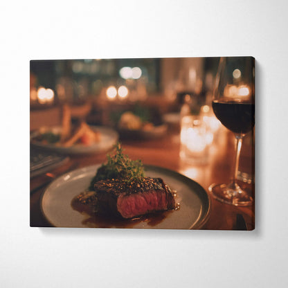 Canvas wall art featuring vibrant, high-resolution juicy steak dinner scene with wine glass and cozy candlelight decor.