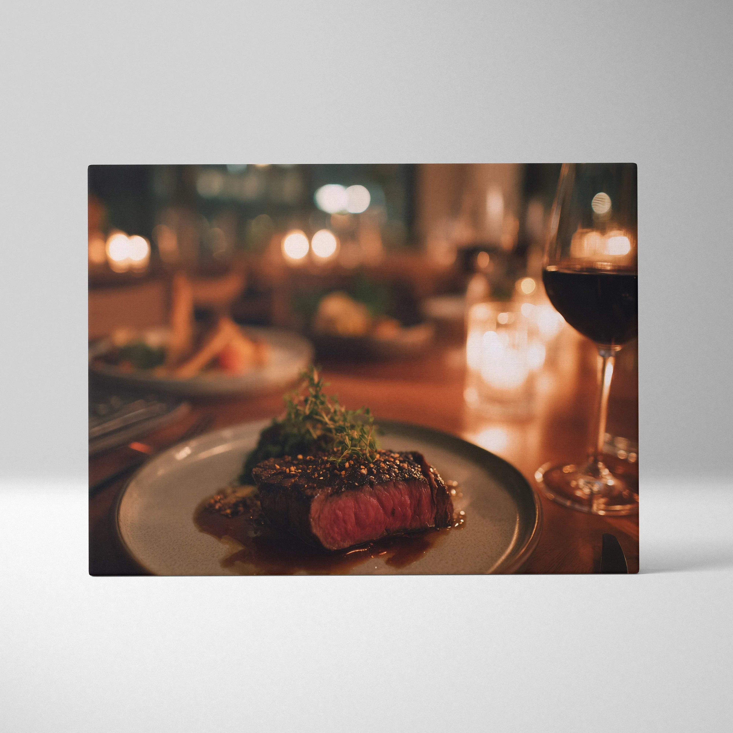 Canvas wall art featuring a vibrant, high-resolution close-up of a juicy steak dinner with rich colors and warm ambient.