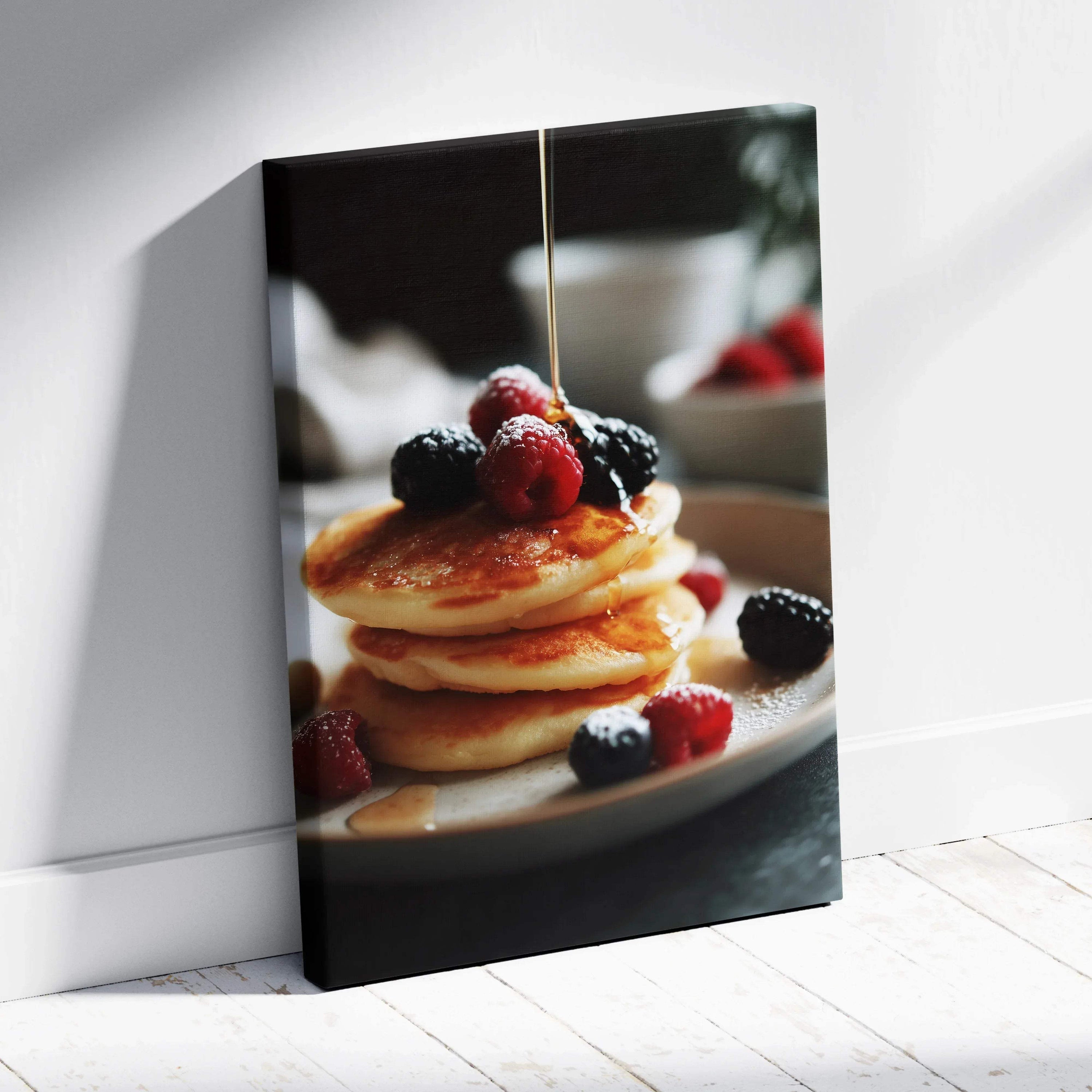 Vertical canvas wall art featuring golden pancakes topped with syrup and fresh mixed berries for kitchen decor.