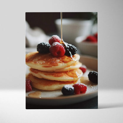 Canvas wall art featuring golden pancakes stacked with fresh raspberries and blackberries, drizzled with syrup, kitchen.