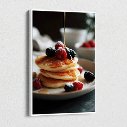 Canvas wall art of golden pancakes topped with fresh raspberries and blackberries with syrup drizzle, kitchen decor.