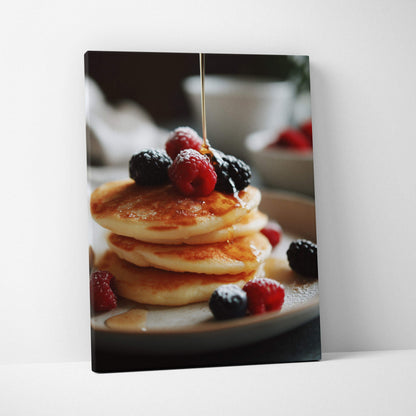 Canvas wall art featuring golden pancakes topped with berries and syrup drizzle, perfect kitchen decor.