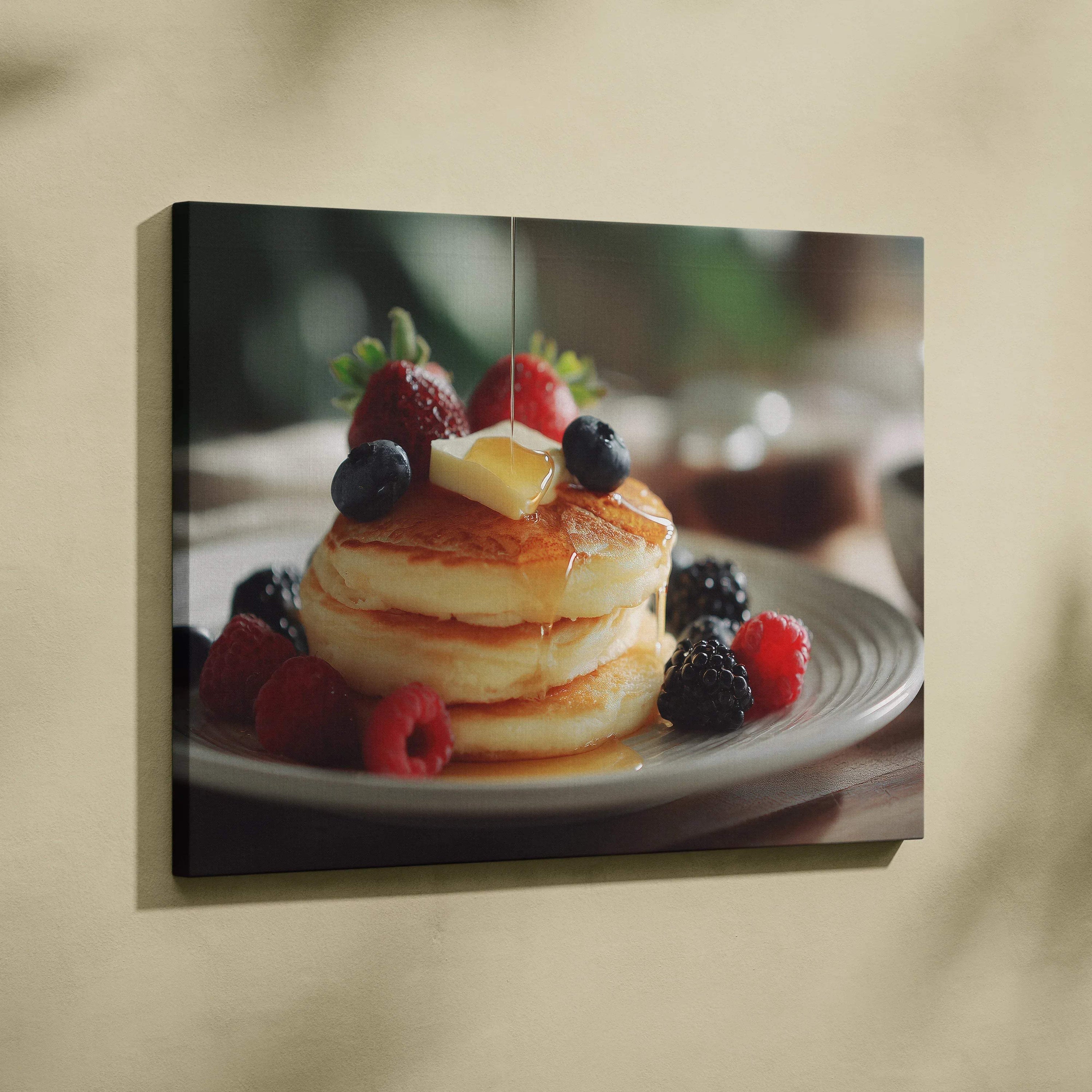 Canvas wall art featuring stacked pancakes with butter and fresh berries, vibrant breakfast decor.