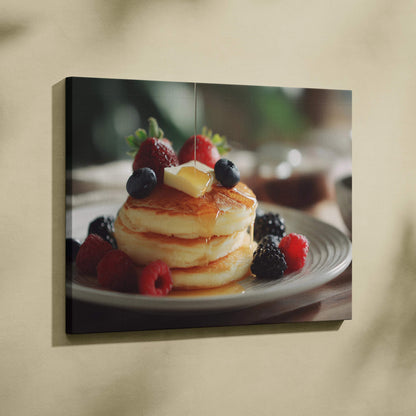 Canvas wall art featuring stacked pancakes with butter and fresh berries, vibrant breakfast decor.