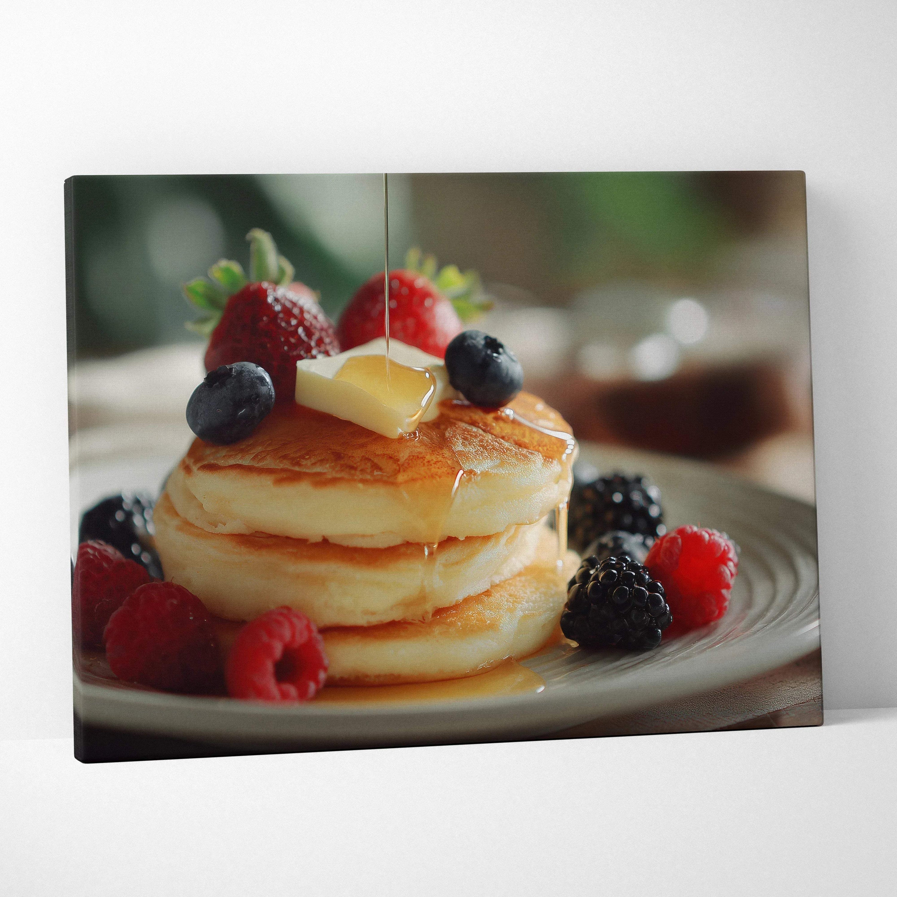 Canvas wall art depicting stacked golden pancakes topped with melting butter, fresh blueberries, strawberries, raspberries,.