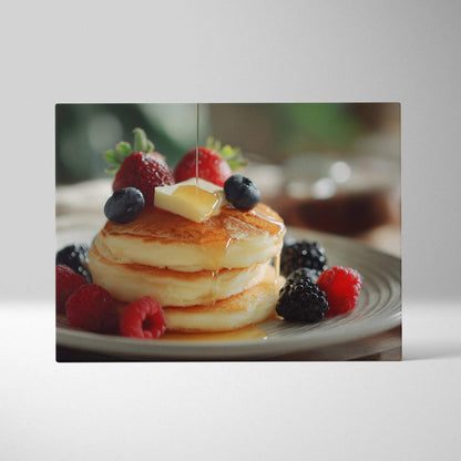 Canvas wall art featuring a stack of golden pancakes topped with butter, blueberries, raspberries, and blackberries on a.