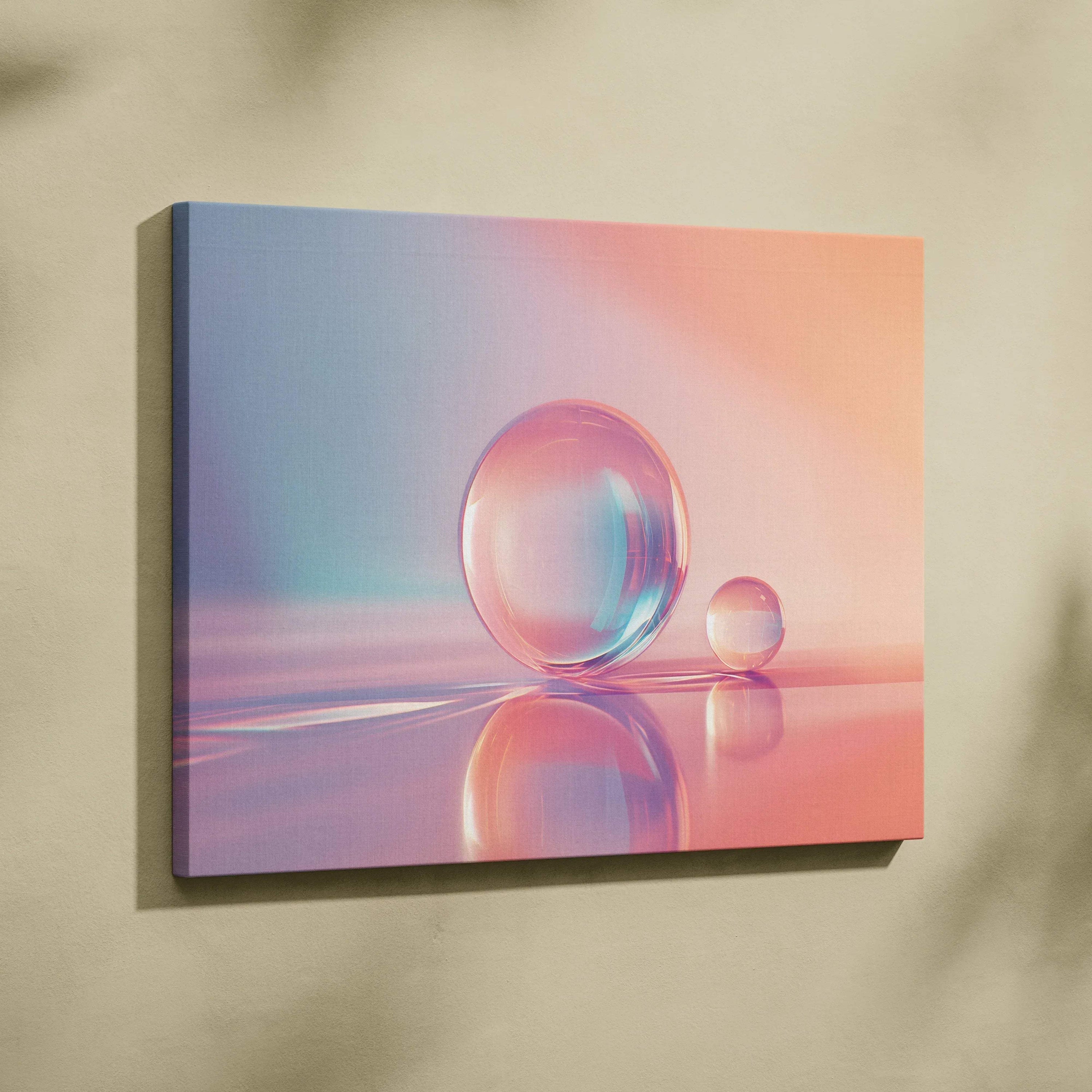 Abstract digital art canvas wall decor featuring pastel gradient with reflective spheres and soft lighting effects.