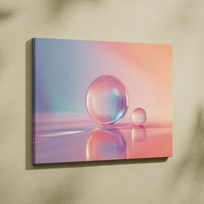 Abstract digital art canvas wall decor featuring pastel gradient with reflective spheres and soft lighting effects.