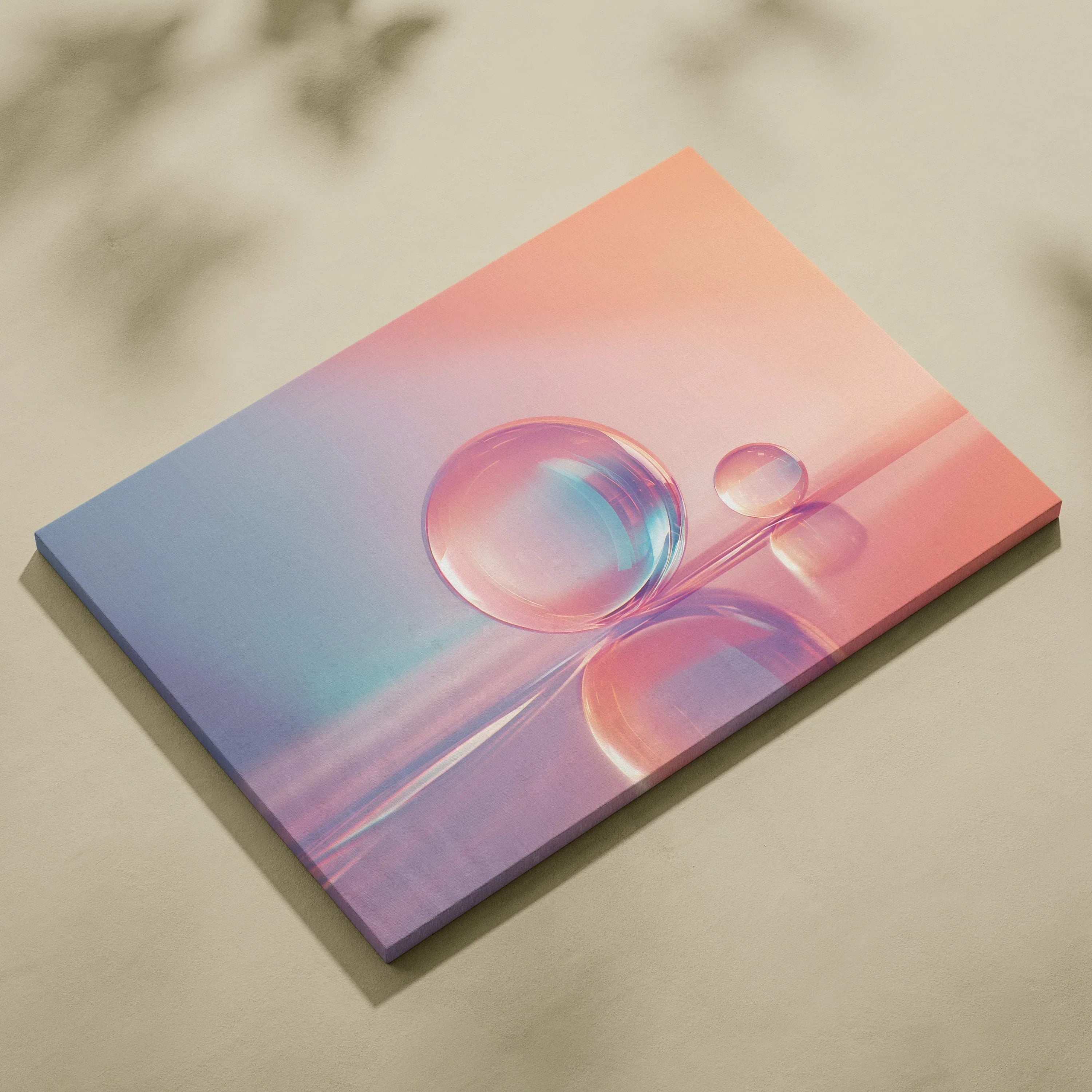 Abstract digital art canvas print with pastel gradient background and reflective glass spheres.
